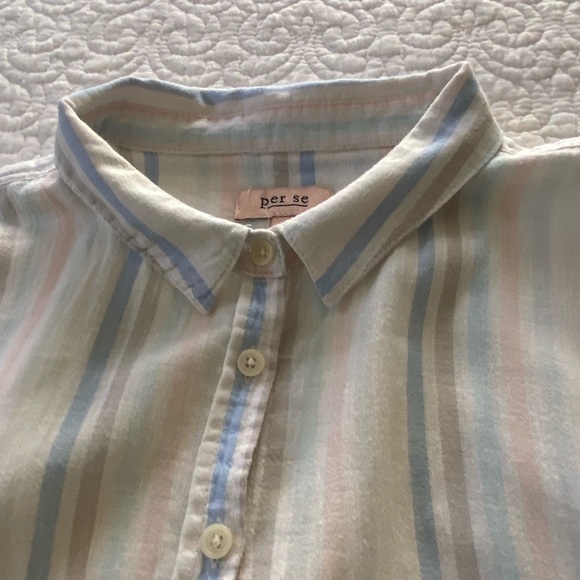 Per Se Linen Blend White with Pastel Stripes Casual Button Down Shirt Size L - Picture 5 of 12